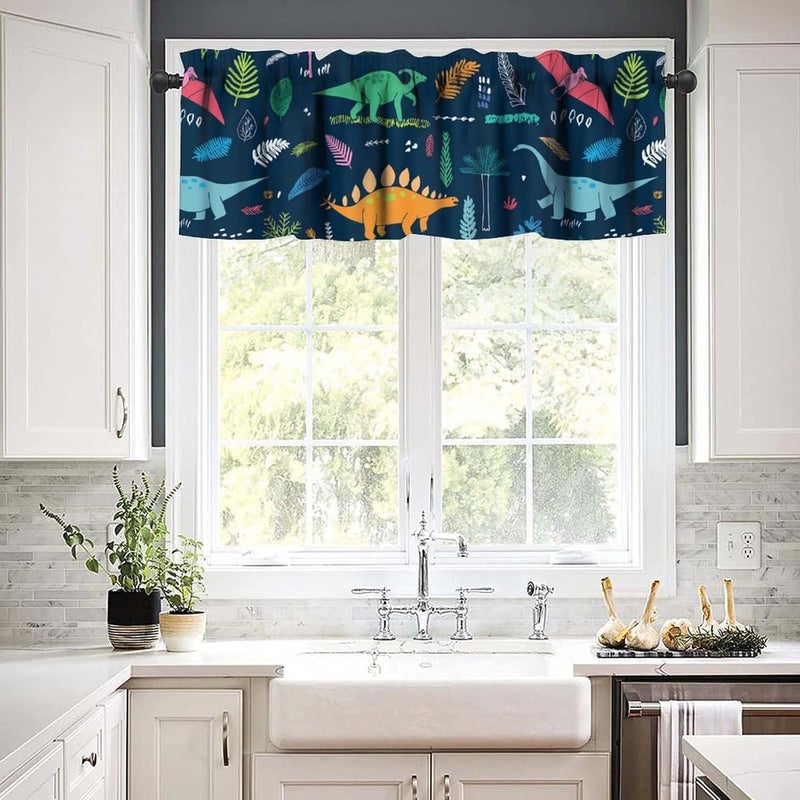 YSWOW Kids Dinosaur Valance Curtain Blue Background Cartoon Dinosaurs Art Printed Window Drapes for Boys Bedroom Decor W54xL18in Fabric Polyester 1 Panel - Image 5